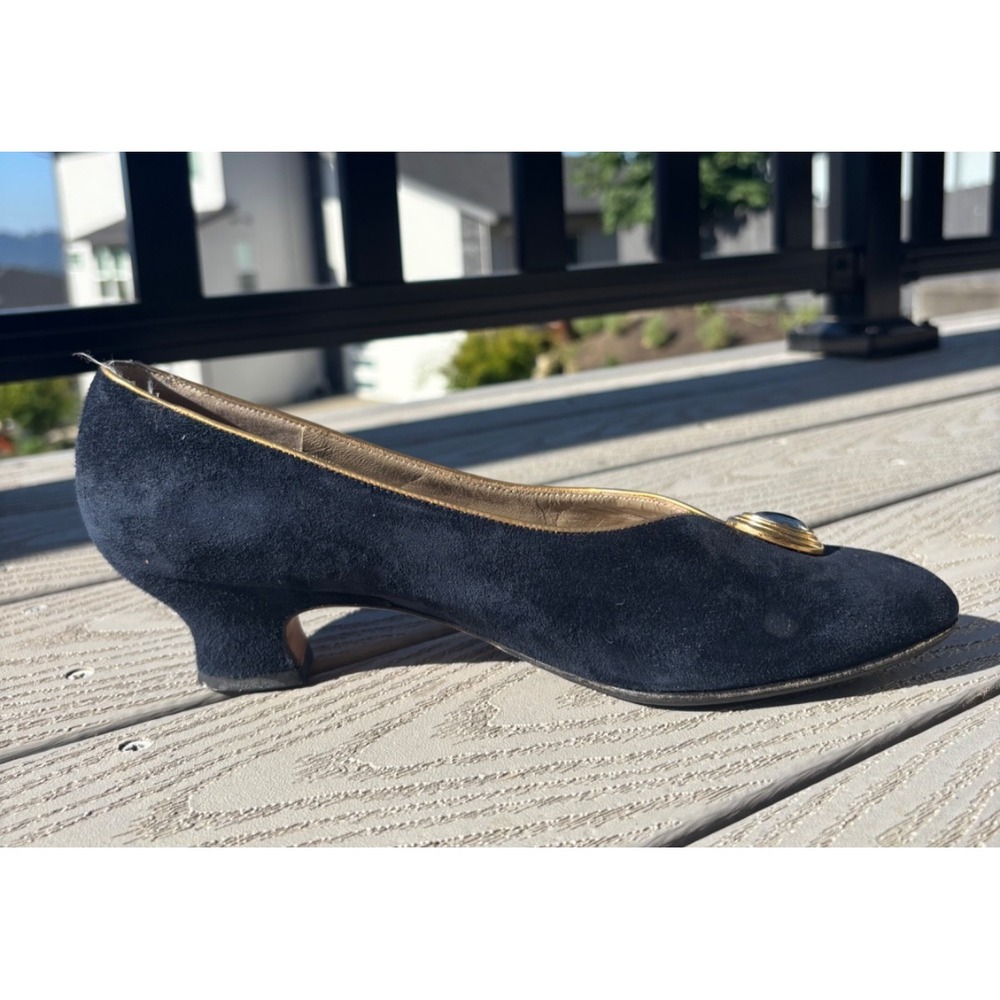 Salvatore Ferragamo Navy Suede Low Heel Pumps with Gold Accent